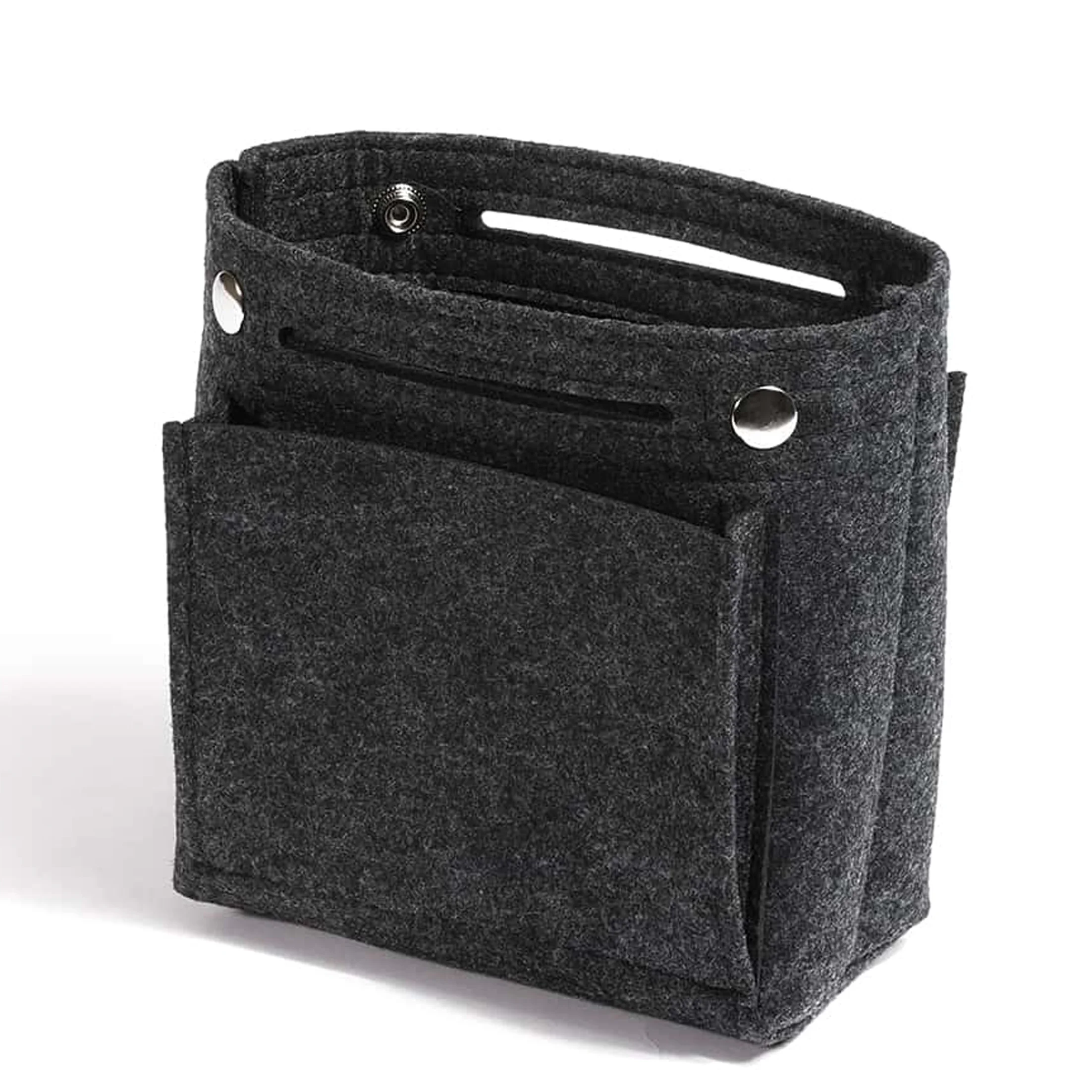 Mini Slim Felt Purse Organizer Insert with Snap Closure, Makeup Bag In Bag Shaper with Multi-Pockets for Handbag & Tote
