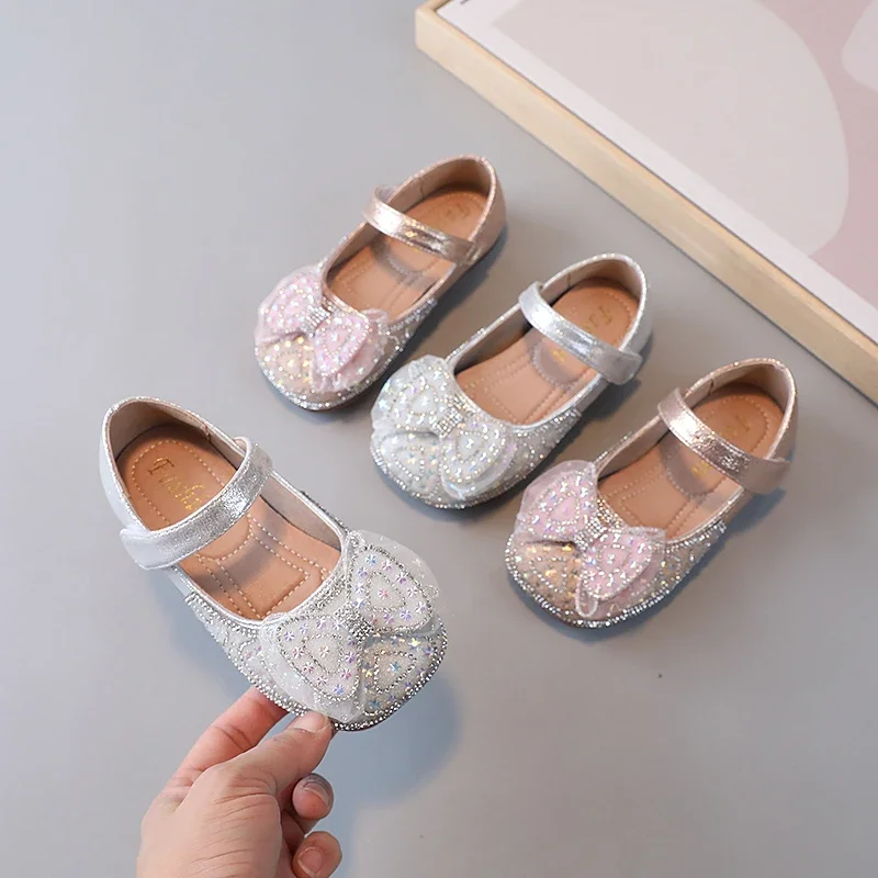 

Kids Crystal Shoes Glitter Flats Rhinestone with Bowtie Bling Sparkling Girls Mary Janes Children Wedding Party Leather Shoes