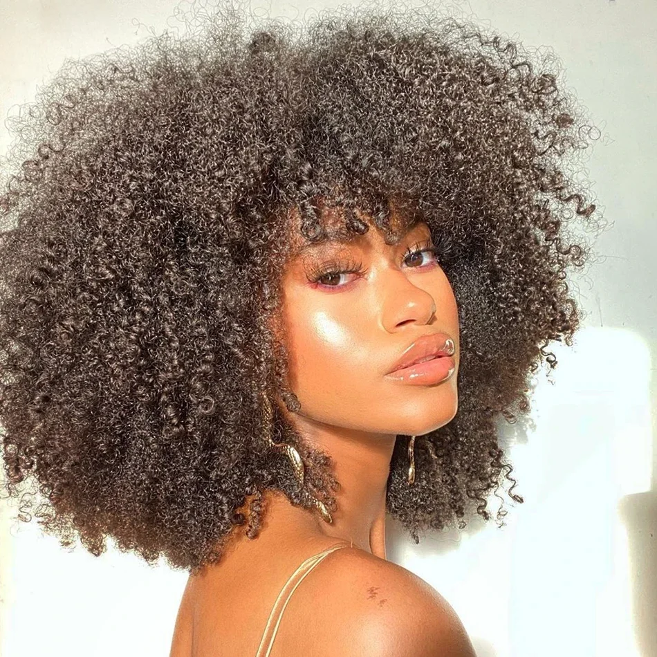 Parrucche mongole ricci afro crespi per capelli umani con parrucca Banges Banges parrucca da donna senza colla densità rimbalzante 300%