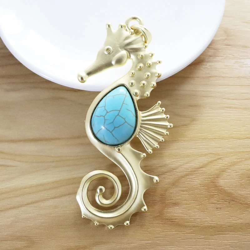 

1 Piece Matt Gold Color Large Hippocampus Seahorse Charms Pendants with Faux Stone for Necklace Jewelry Making