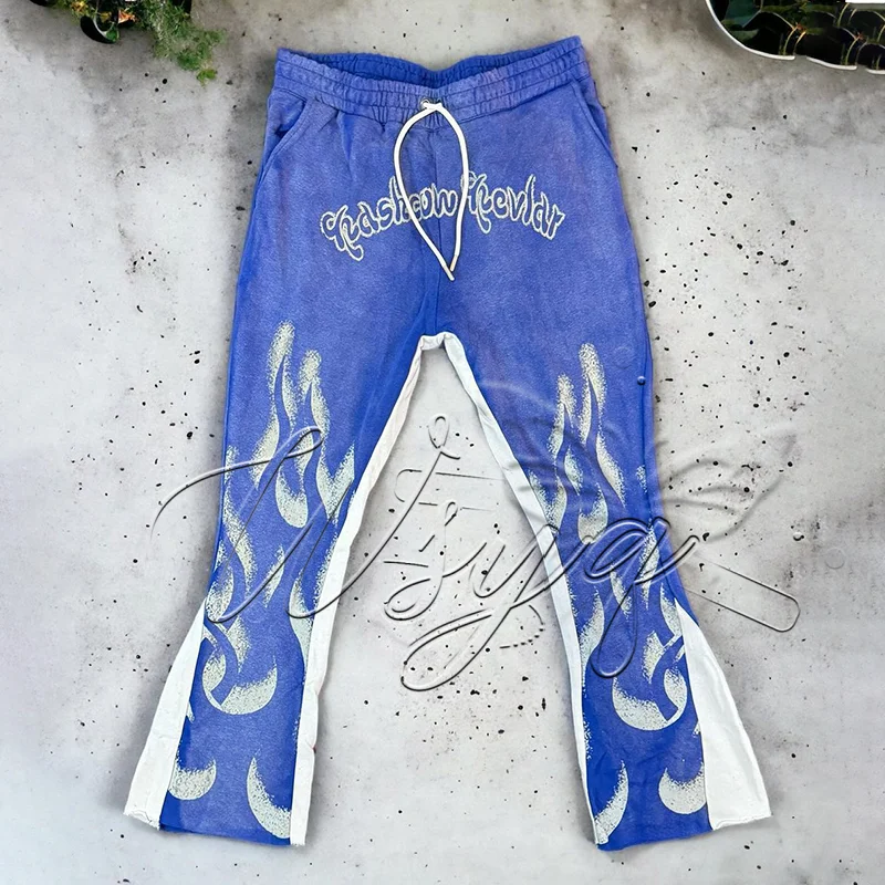 Unisex Flame Print Quick Dry Straight Long Pants Men Women Hip Hop Streetwear Casual Sports Trousers Elastic Waist Leg Trousers