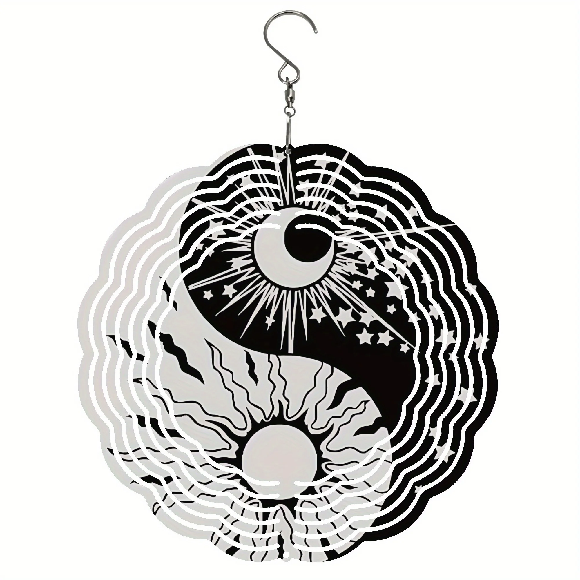 2D Flat 1pc Yin Yang Metal Wind Chime - Outdoor/Indoor Wind-Powered Spinner with Hooks, Dual-Sided Chinese Philosophy Decoration