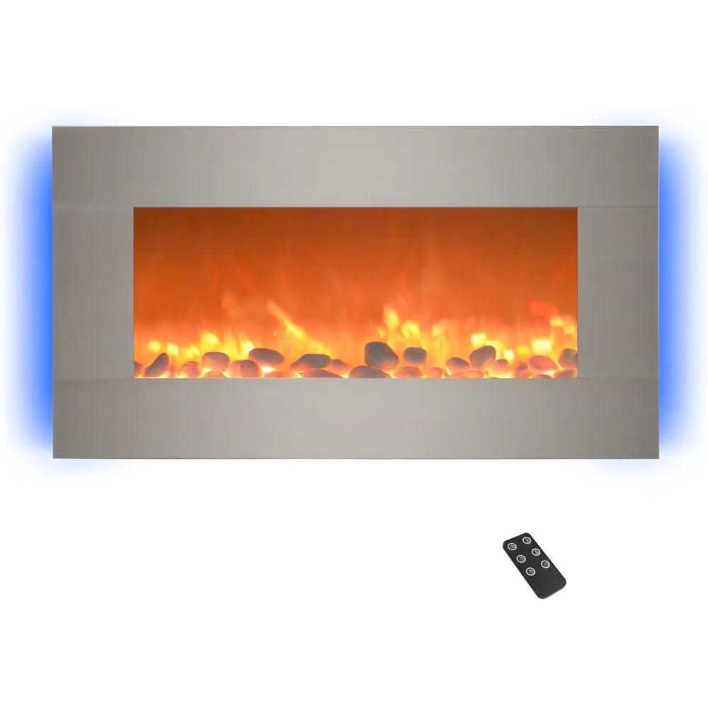 

Electric Fireplace-30 Inch Wall Mounted Fireplace-13 Backlight Colors & Remote Controlled LED Flames,Heat,and Brightness,Silver