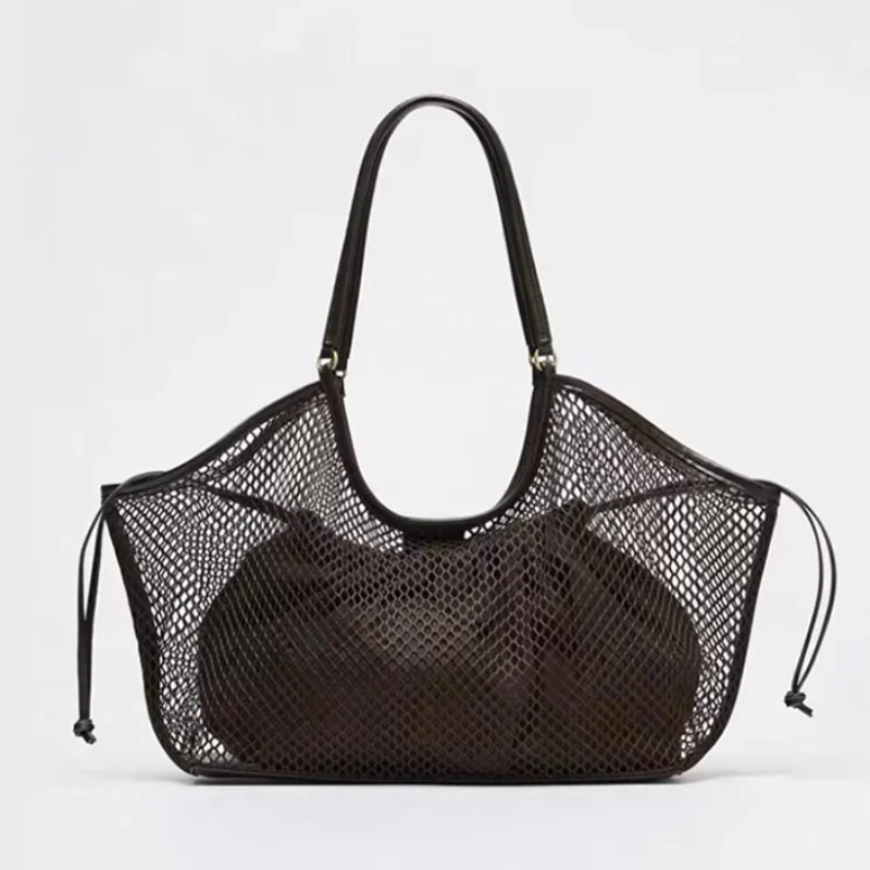 

Сетчатая брендовая большая вместительная сумка, женская летняя дорожная сумка на плечо, тканая повседневная сумка для покупок, пляжное хранение, высококачественный сетчатый кошелек