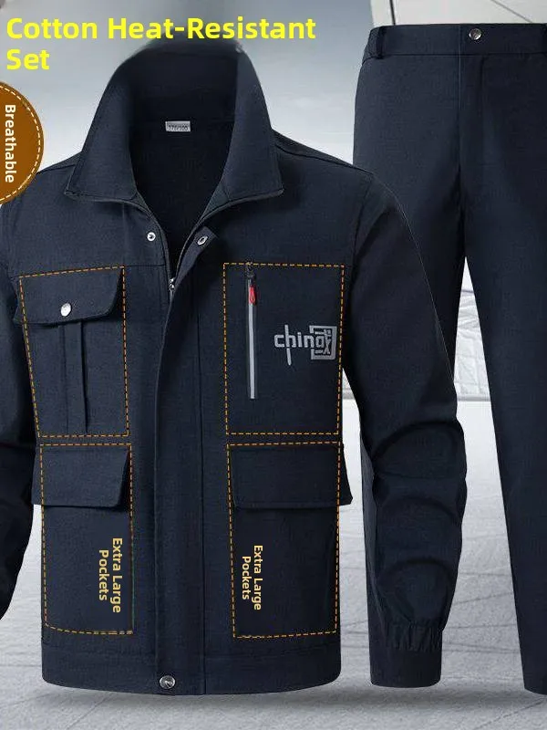 

Весенний новый комплект мужской спецодежды из чистого хлопка с защитой от ожогов, дышащий, износостойкий, для авторемонта, сварки, защиты труда