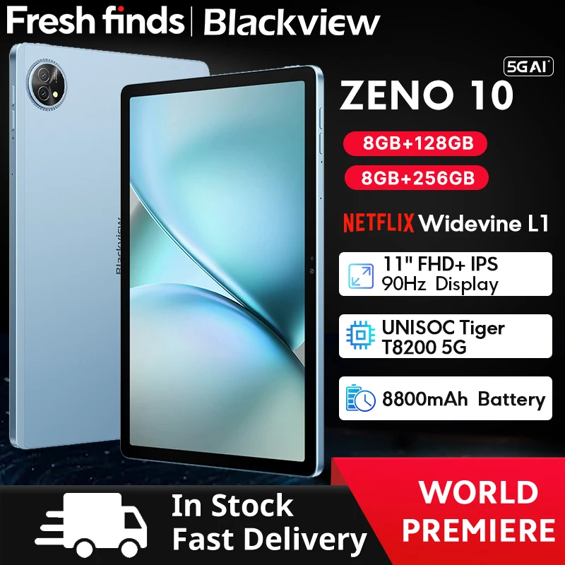 Blackview Zeno 10 5G AI Tablet 11-inch FHD+ 90Hz Display Widevine L1 UNISOC Tiger T8200 8800mAh Quad Speakers Android 15 Pad PC