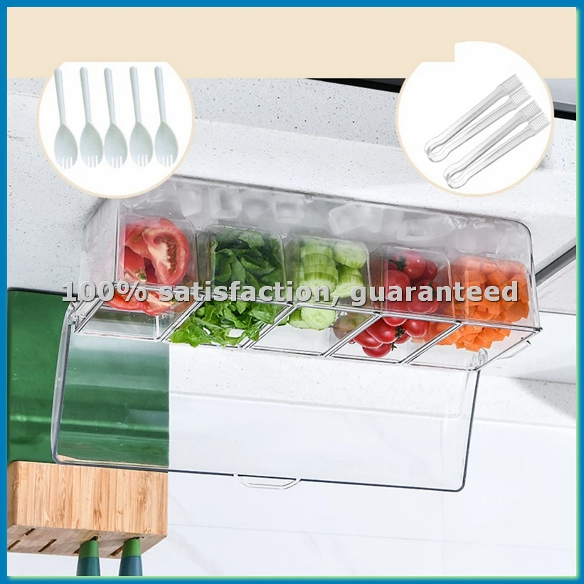 Ice Chilled Condiment Tray with 5 Containers, Condiment Server with Lids, Serving Tray Platter for Bar Accessories-FABY