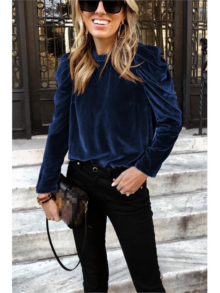 Fashion Puff Sleeve Velvet Blouses And Tops Casual O Neck Solid Color Loose Shirt Office Top 2024 Autumn Winter Women\'s Clothing