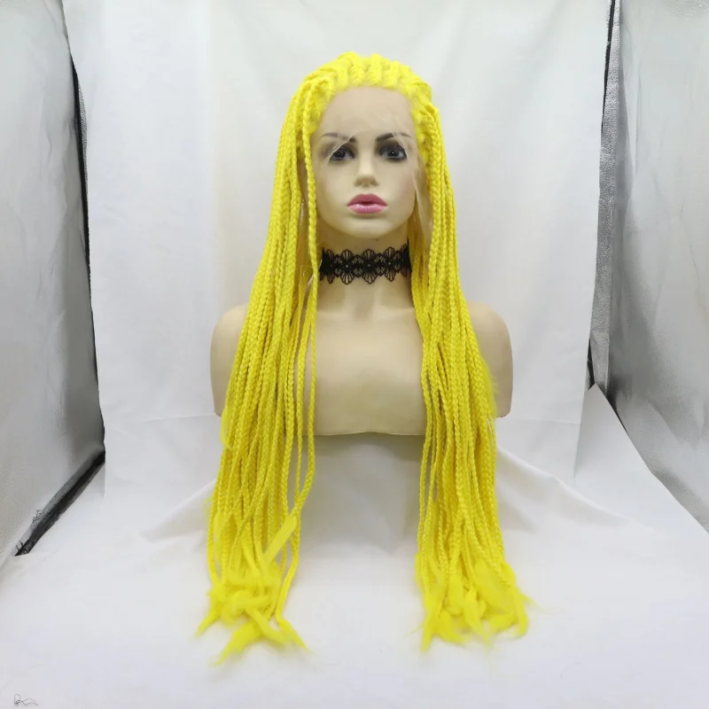 

Hand-crafted yellow three-strand braid wig for women, hip-hop rock style, dirty braids, front lace, high-temperature synthetic f