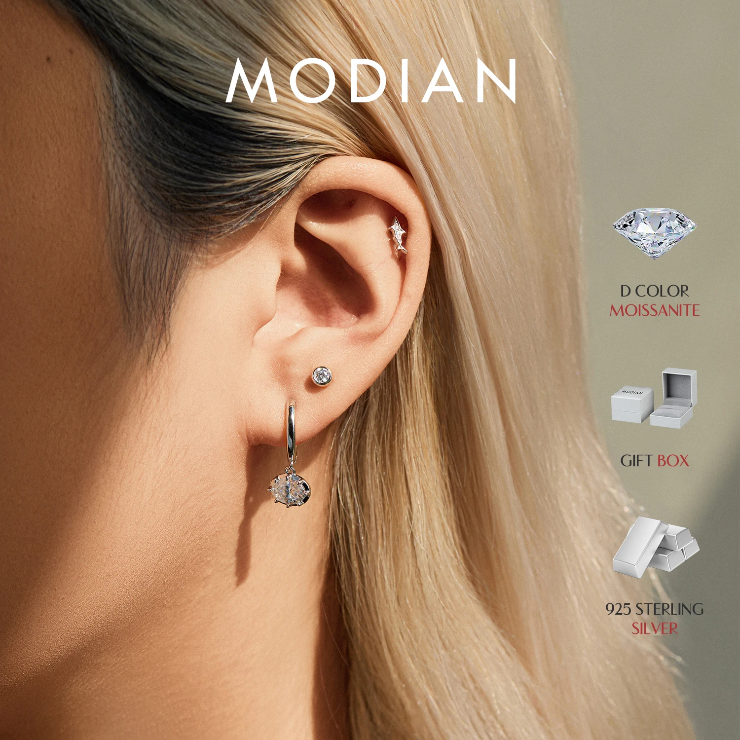 MODIAN 1PC Moissanite Helix Earrings 925 Sterling Sliver Simple Daily Shark Heart Screw Stud Earrings For Women Fine Jewelry