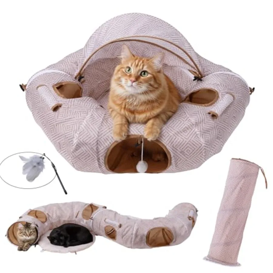 

Indoor cat tunnel bed - plush fabric gray - soft collapsible and spacious design for large cats