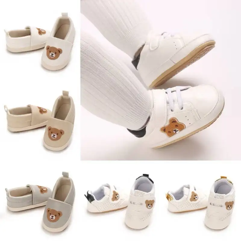 

Весенне-осенние детские туфли для первых шагов с милым рисунком медвежонка, 0-12 месяцев, с мягкой подошвой, противоскользящие.