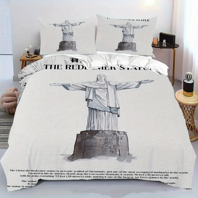2/3pcs, Quilt cover set with Jesus Christ the Redeemer statue print, quilt cover set includes quilt cover and pillowcases