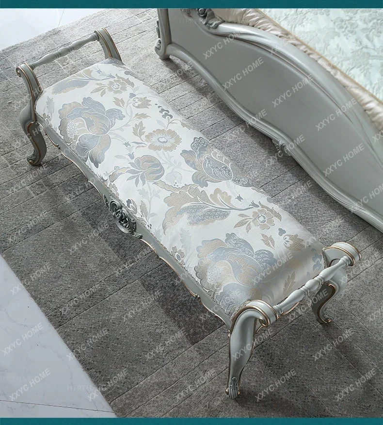 D132   Carved Bed End Stool Mercerized Fabric Bed Bed Bedroom Solid Wood Shoe Changing S