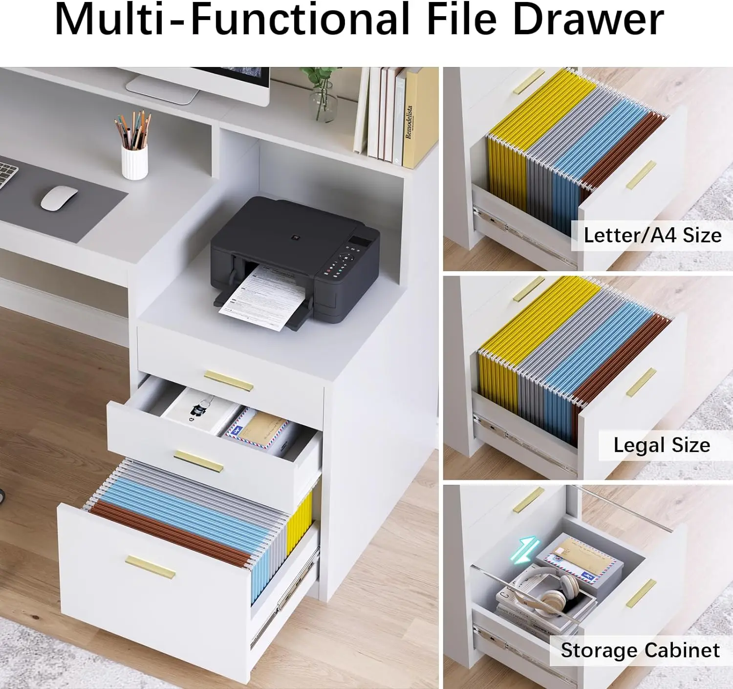Computer Desk With 3 Drawer & Storage Shelves, Home Office Desk With File Drawer & Cabinet, Writing Study Table With Long