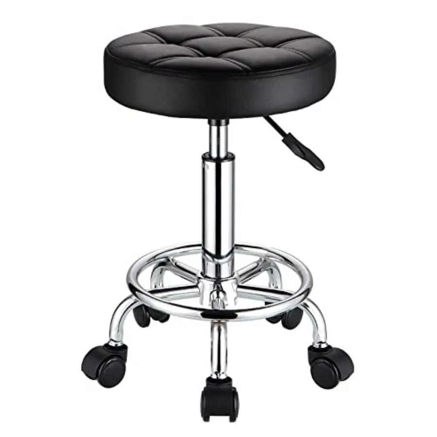 

Round Rolling Stools PU Leather Seat Height Adjustable Swivel Stool with Wheels Black