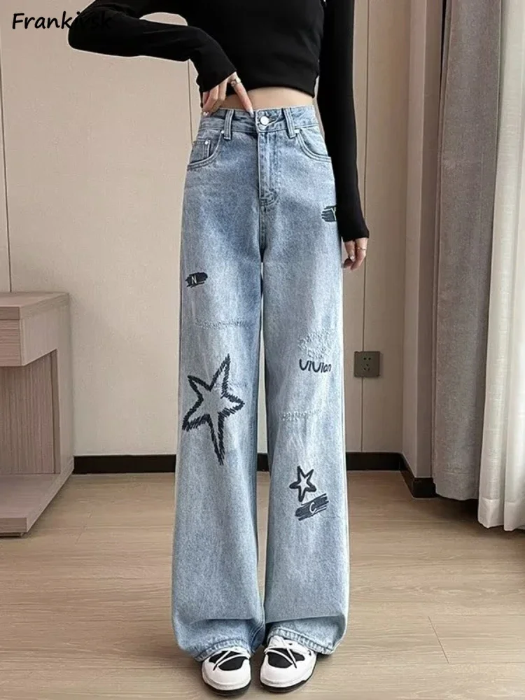 Jeans Women Star-design New High Waist All-match Streetwear American Style Straight Denim Trousers Autumn Fashion College Simple