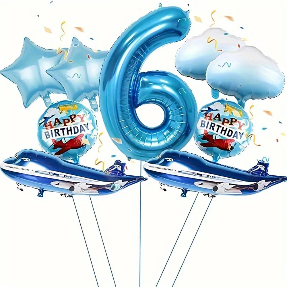 9pcs Airplane Balloon with 32 inch Blue digital 1-9 Number Foil Balloon Kids Pilot Theme Boys Aircraft Birthday Party Decoration - Image 6