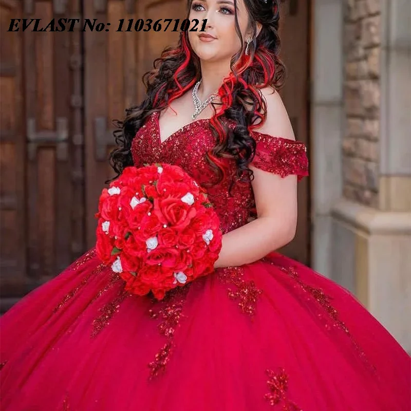 EVLAST Shiny Red Quinnceanera Dress Ball Gown 3D Floral Lace Applique Beaded Crystal Corset Sweet 16 Vestidos De 15 Anos SQ564