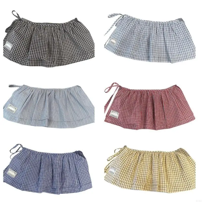 

Fashionable Plaids Print Ruffle Mini Apron Skirt with Tie Waist for Women Double Layer Half Skirt Sweater Shirt Extender H7EF