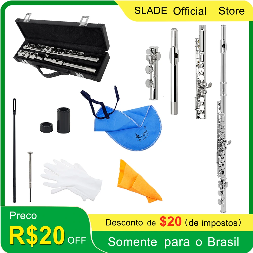 SLADE 16 C-Slot Holes Flute Professional Beginner Student Flute with Beginner Student Flute Gloves Cleaning Kit Silver