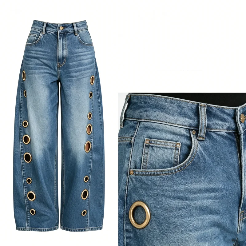 

Women High Waist Wide Leg Jeans With Gold Grommet Cutouts Vintage Loose Fit Denim Pants Streetwear Trousers