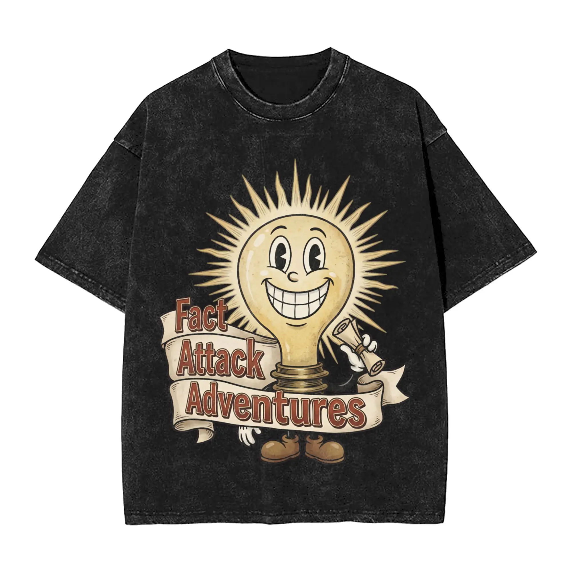Creative Light Bulb Fact Attack Adventures  T-Shirts for Men O Neck Pure Cotton Washed T Shirt  Short Sleeve Tee Shirt Clothing