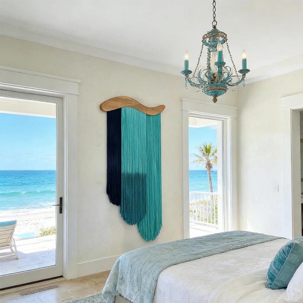 tt& Modern Luxury Handwoven Macrame Wall Art Curved Wood Top Boho Tassel Tapestry for Hotel~*