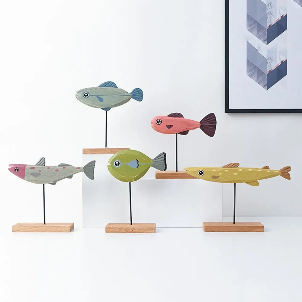 Adorable Handmade Crafts Fish Pattern Colorfast Ornament Wooden Fish Statue Fishes Sculpture Table Decor