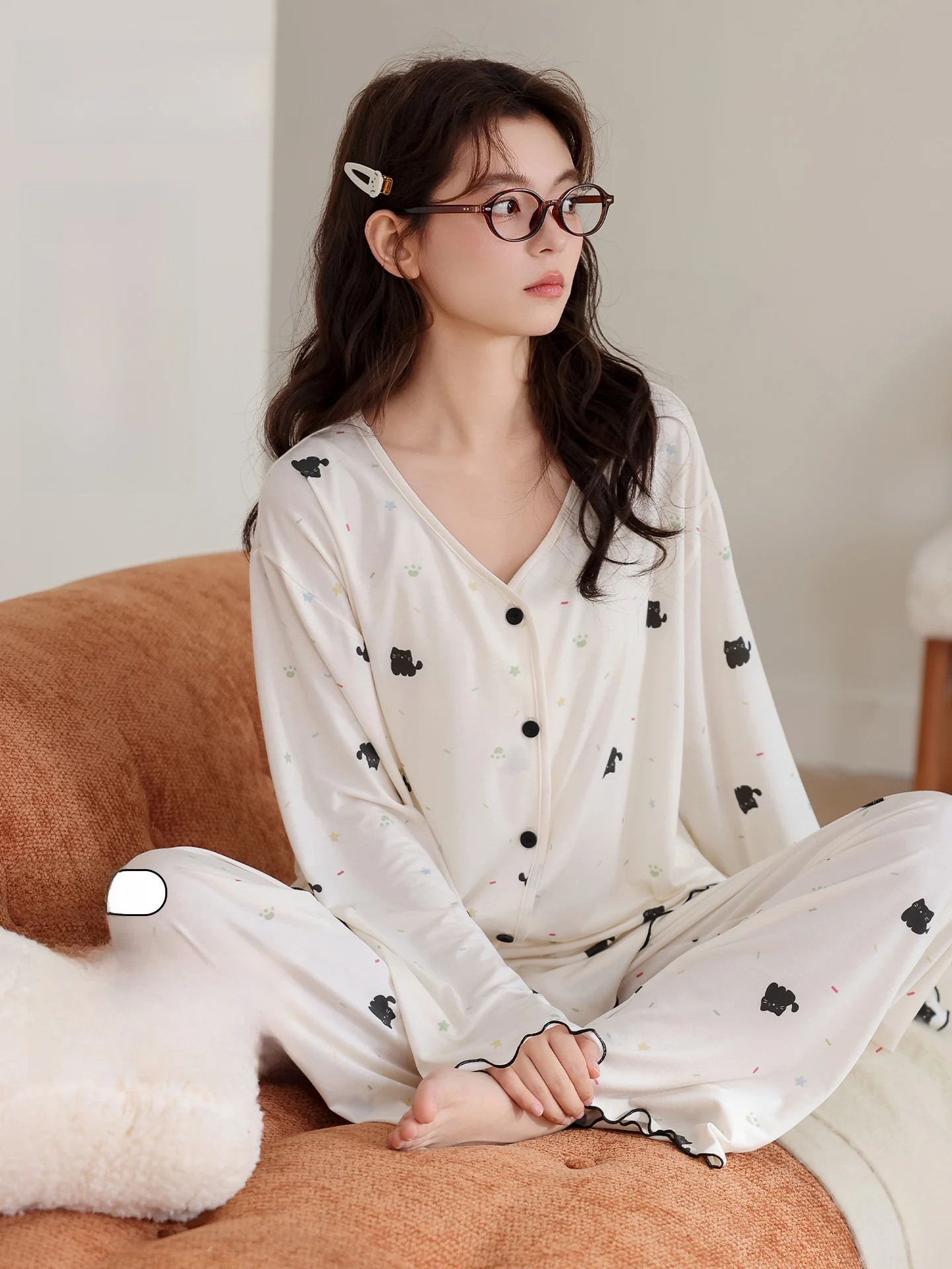 Pure Cotton Sleepwear V-Neck Set Women's Spring Autumn Home Clothes Comfortable Soft Long Sleeve Long Pants Casual Style