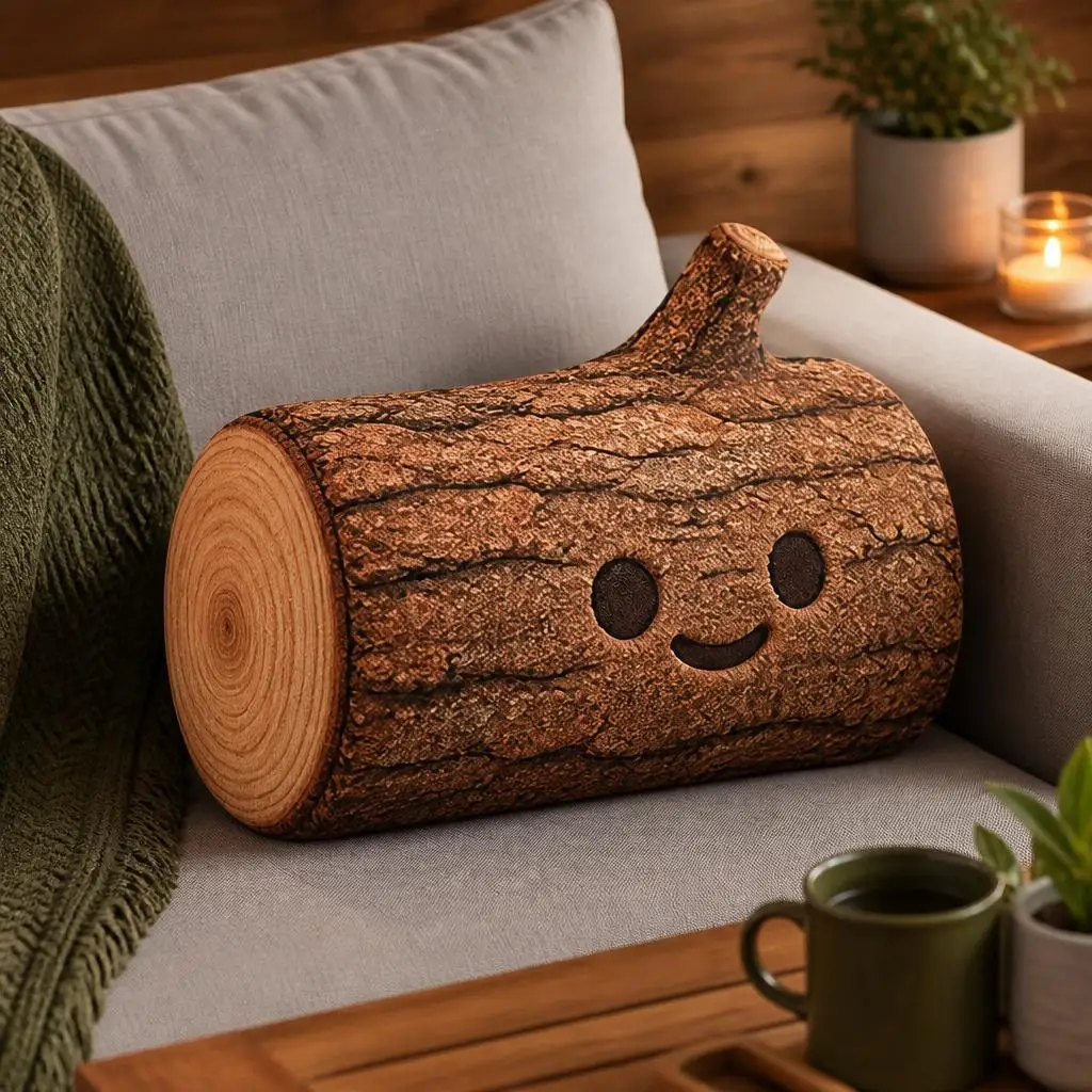 Smiling Cartoon Log Shaped Pillow Cute Woodland Tree Trunk Cushion Stuffed Throw Pillow for Sofa Cozy Cabin Home Decor Gift