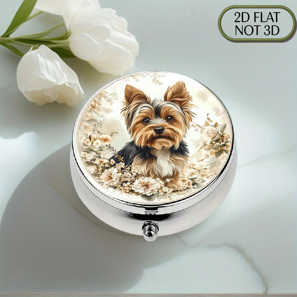 1pc flat portable round metal pill box, featuring a Yorkshire lion and floral design in an oil painting style, used for convenient medication organization and storage of vitamins or small accessories, perfect for holiday gifts