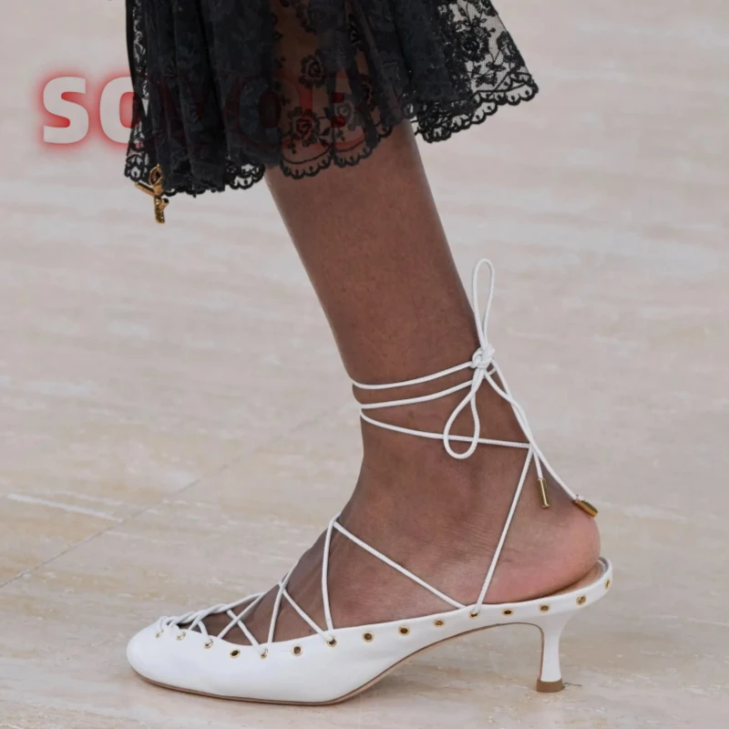 Women's Lace-Up Kitten Heel Pumps ,Ankle Wrap Sandals with Gold Stud Eyelets, Round Toe Low Heel Slingback Pumps for Women