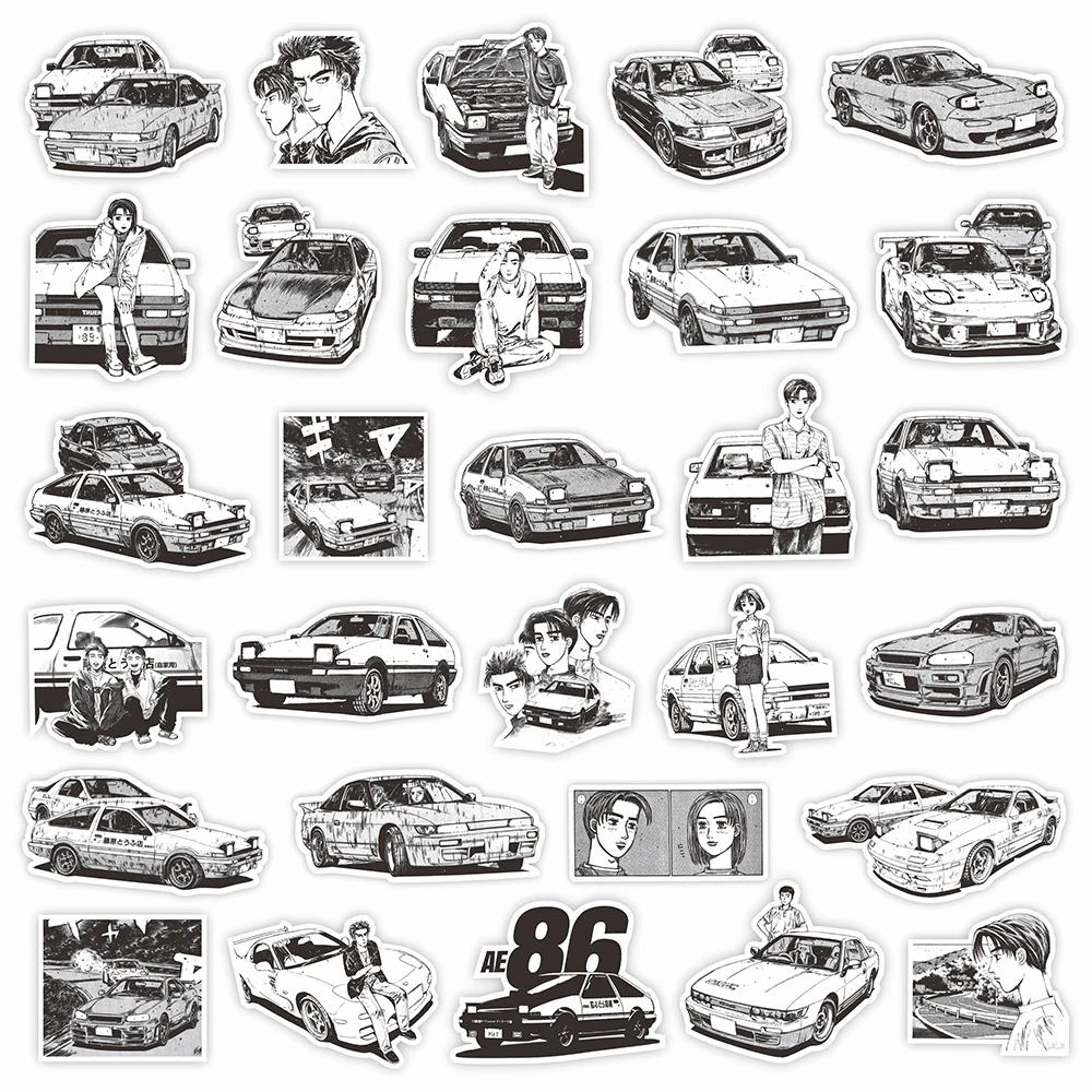 10/30/75PCS Anime Black White Initial D Stickers Graffiti Funny Kids DIY Decals Gift Toy for Wall Notebook Bike Cartoon Sticker