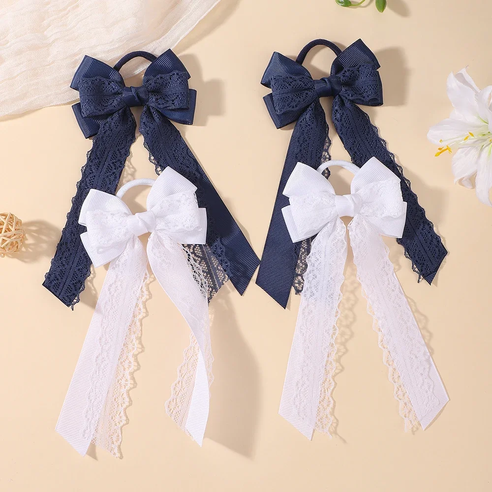 2Pcs Long Lace Streamer Bow Hair Ties Glitter Center Elastic Hair Bands Little Girls Ponytail Holder Party Hair Accessories Set
