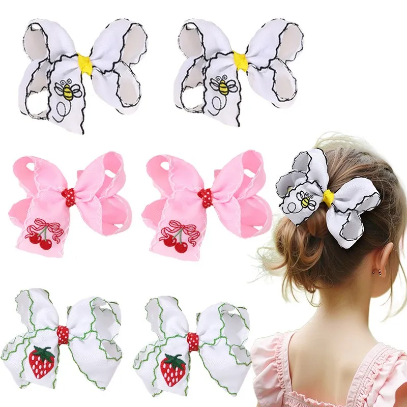 

30pc Baby Girls Hair Clips Cute Frill Bow with Cherry Strawberry Bee Embroidery Ribbon Bow Barrette Hairpins for Kids Party Bulk