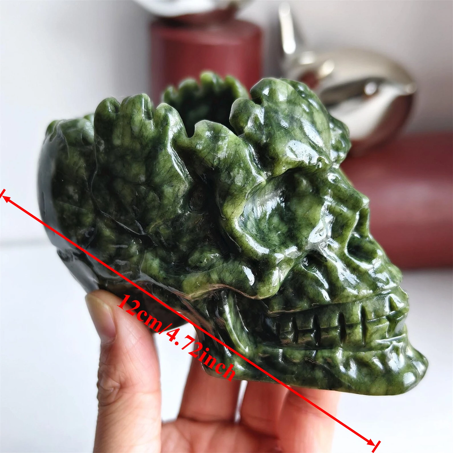 Natural Green Jasper Carved Skull Ashtray Polished Crystal Tray Table Decor Chakra Ornament Gift For Crystal Skull Collectors