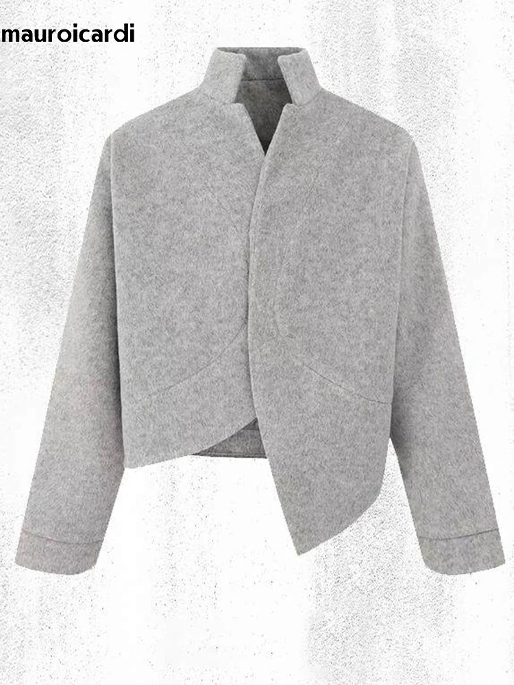 Mauroicardi Spring Autumn Cool Short Soft Grey Asymmetrical Jacket Men Elegant Chic Stylish Luxury Designer Emo European Clothes