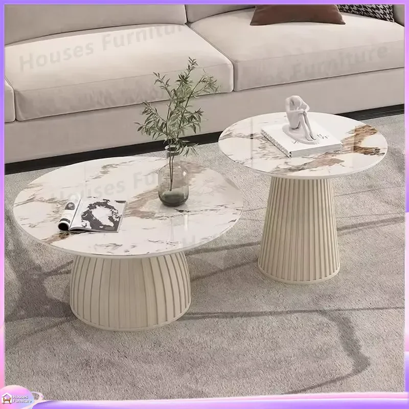 Modern Round Nested Coffee Table Set Marble Look Burning Stone Top Cream Groove Base Living Room Furniture Home Decor