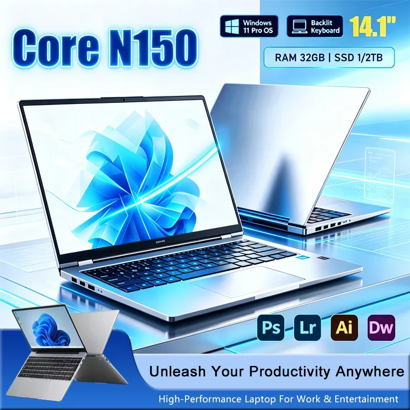 New 14.1' Laptop Intel Core N150 16GB 32GB 2TB Gaming PC Ultra Slim Office Study Computer PC Windows 11 Pro 1920*1080 HD