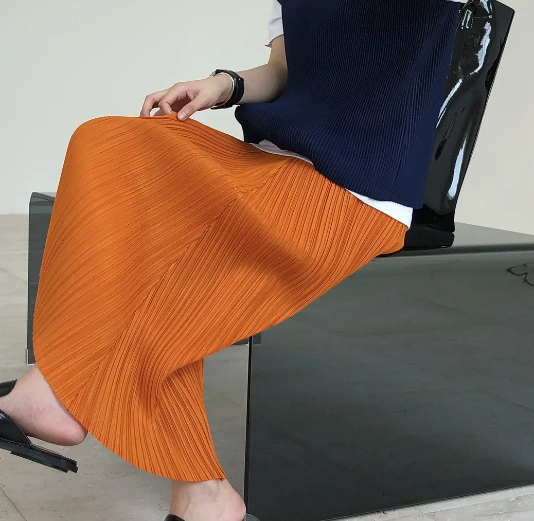 Girls Summer Japanese Orange Pleated Skirt Loose Thin Mid-length A-line Navyblue Skirts Women Smooth Soft Streetwear Ladies