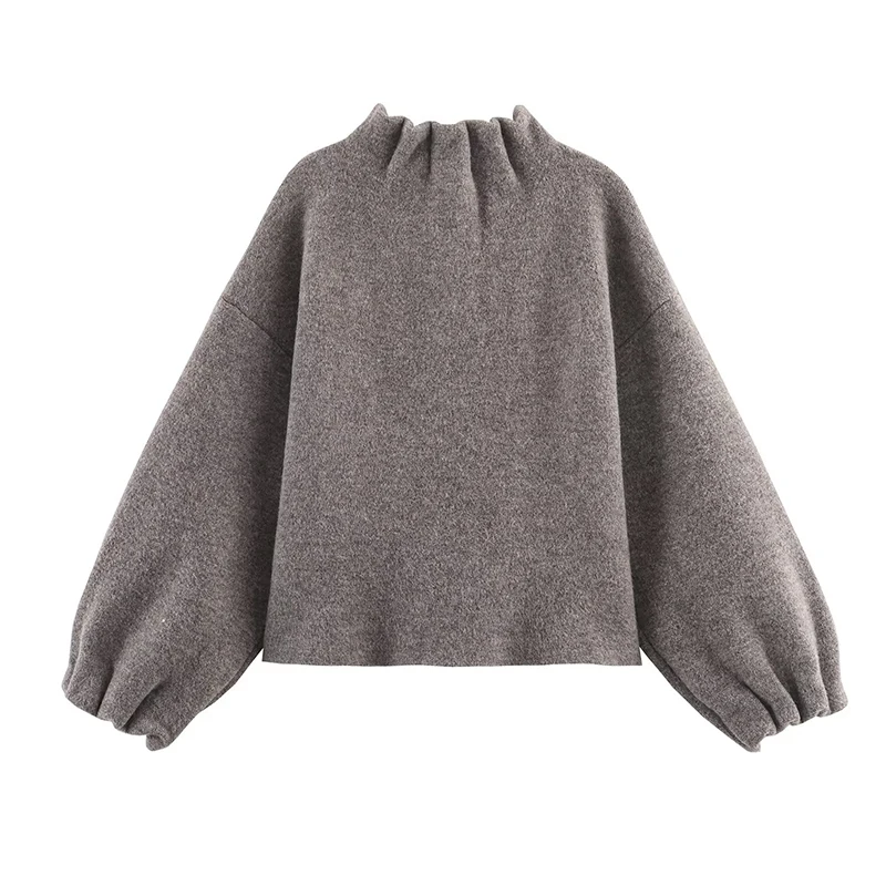 YENKYE Gray Knit Bomber Jacket For Women Lantern Sleeve Stand Collar Casual Autumn Winter Coat