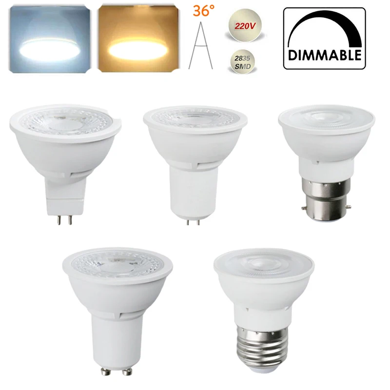 7W Dimmable LED Spotlight Bulbs GU10 MR16 220V 36 Degree E27 B22 GU5.3 2835 SMD Cold Warm White Energy Saving Lamps