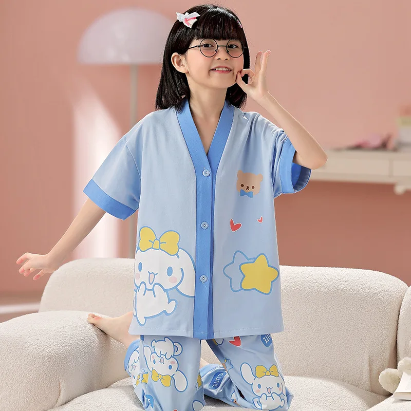 

New Summer Girls' Cardigan Short-sleeved Trousers Sleepwear Pajamas Robe Children's Clothing Mother Kids