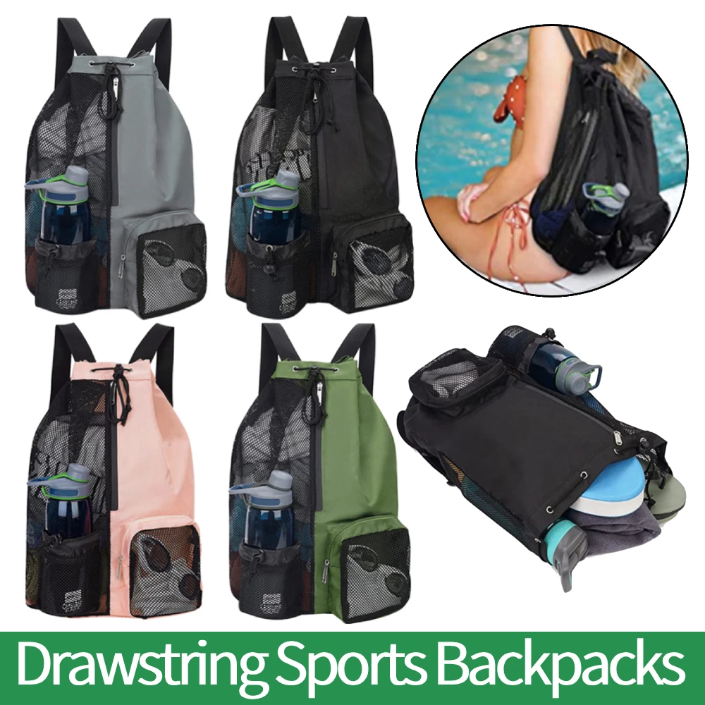 Sports Gym Bag Drawstring Beach Storage Backpacks with Wet Pockets Thickened Mesh Lightweight Comfortable for Training Equipment