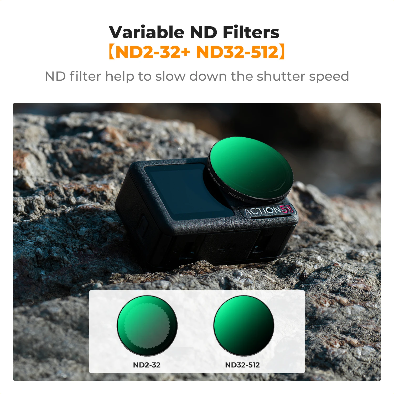 K&F CONCEPT Variable ND2-32 & ND32-512 Filter Kit for DJI Osmo Action 5 Pro 4 3 Snap-on Design No Need Remove Original Filter view 2
