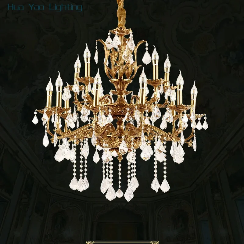 French Classics Villa Hall Brass Chandelier European Baroque Church Crystal Pendant Lights Living Dining Room Lamp