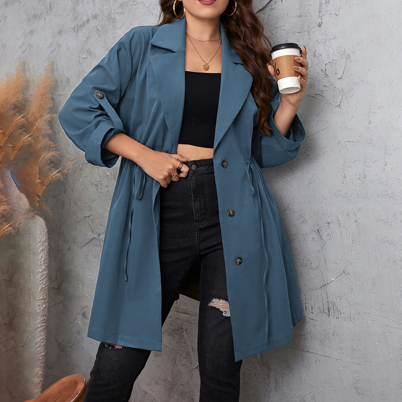 

Spring Fat Girls Simple Solid Large Size Coat Womens Long Sleeve Lapel Collar Button Closure Oversized Drawstring Casual Outwear