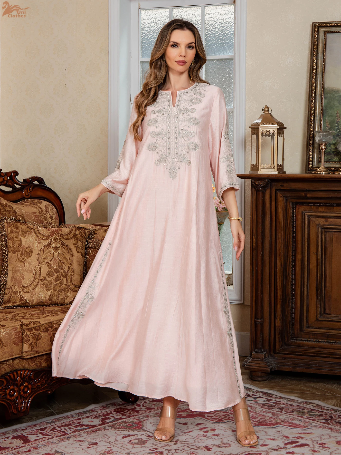 Uni Ramadan Dubai Embroidered Diamonds Abayas Muslim Elegant Women Evening Dresses Loose Luxury Kaftan