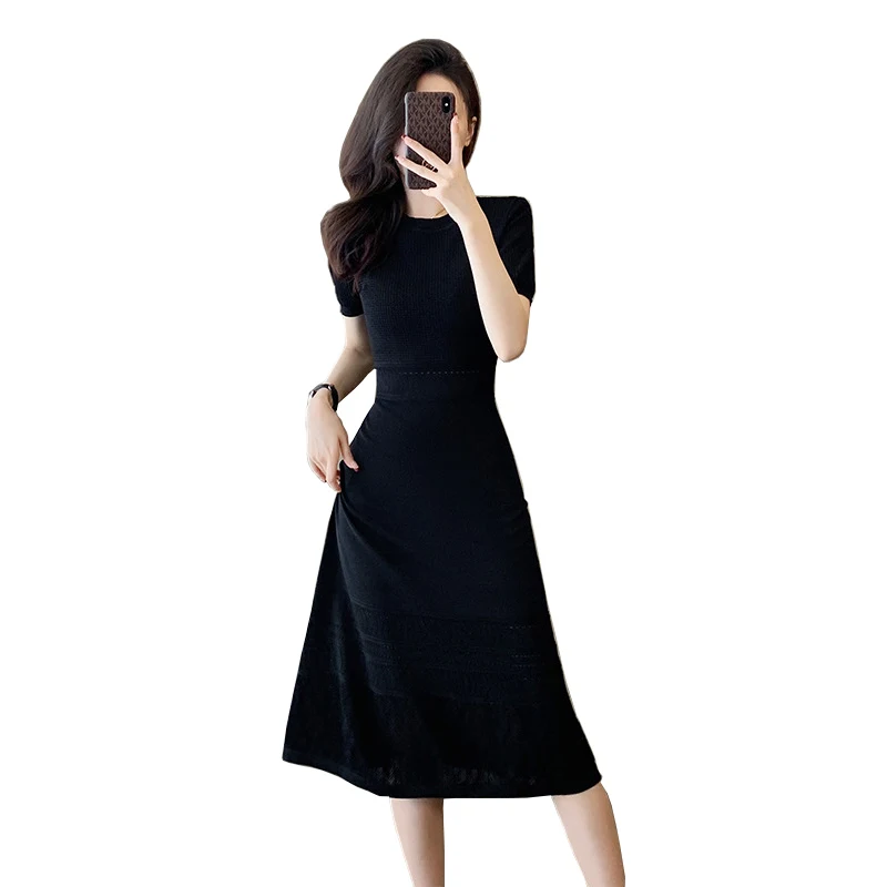 

Women's black high waisted knitted dress 2024 new summer hollow short sleeved small fragrant A-line skirt